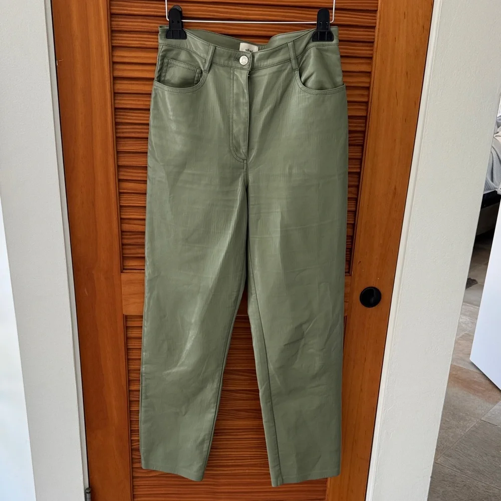 ARITZIA Vegan Leather Wilfred Olive Green High-Rise Straight Leg Pants - Picture 1 of 7